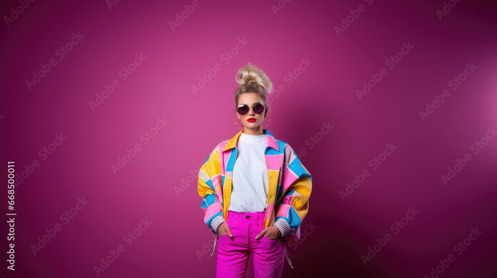 beautiful young curly woman, girl in 80s style clothes, fashionable outfit, fashion, disco, party, street style, dancer, colored background, face, hairstyle, sunglasses beautiful young curly woman, girl in 80s style clothes, fashionable outfit, fashion, disco, party, street style, dancer, colored background, face, hairstyle, sunglasses