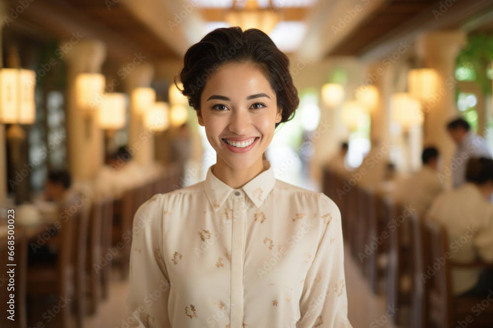 Woman standing in restaurant with smile on her face. This image can be used to showcase happy customer or friendly staff member in restaurant setting. Woman standing in restaurant with smile on her face. This image can be used to showcase happy customer or friendly staff member in restaurant setting.