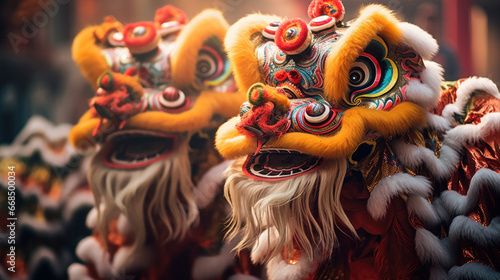 Close-up lion dance in Chinese cultures photo