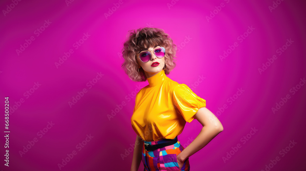 beautiful young curly woman, girl in 80s style clothes, fashionable outfit, fashion, disco, party, street style, dancer, colored background, face, hairstyle, sunglasses beautiful young curly woman, girl in 80s style clothes, fashionable outfit, fashion, disco, party, street style, dancer, colored background, face, hairstyle, sunglasses