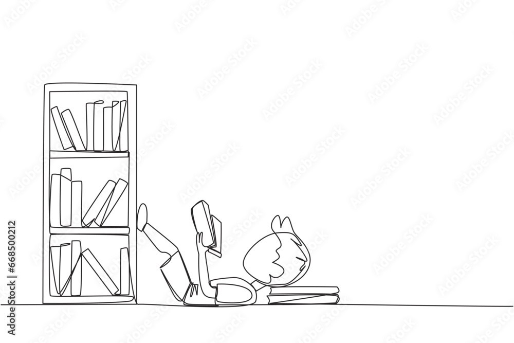Single one line drawing boy lying on back reading fiction story book near bookshelf. Read slowly to enjoy the storyline. Hobby reading. Very good habit. Continuous line design graphic illustration Single one line drawing boy lying on back reading fiction story book near bookshelf. Read slowly to enjoy the storyline. Hobby reading. Very good habit. Continuous line design graphic illustration
