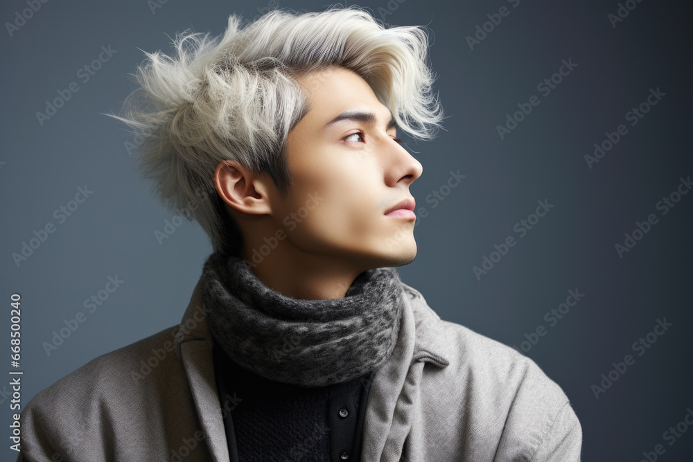 Picture of man with white hair wearing scarf. This image can be used to depict stylish senior or fashionable winter outfit. Picture of man with white hair wearing scarf. This image can be used to depict stylish senior or fashionable winter outfit.