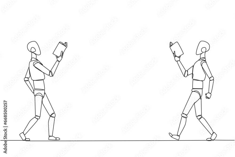 Single one line drawing two robotics walking face to face reading books. Gesture of memorizing something from a book. Addicted to reading. Book festival. Continuous line design graphic illustration Single one line drawing two robotics walking face to face reading books. Gesture of memorizing something from a book. Addicted to reading. Book festival. Continuous line design graphic illustration