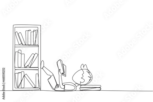 Single one line drawing boy lying on back reading fiction story book near bookshelf. Read slowly to enjoy the storyline. Hobby reading. Very good habit. Continuous line design graphic illustration