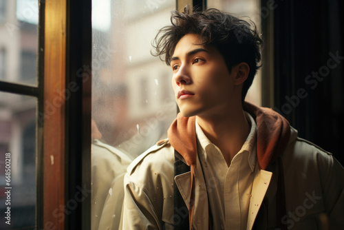 Young man is seen looking out of window while wearing jacket. Contemplation, solitude, or curiosity. It is suitable for various themes such as lifestyle, fashion, or introspection.