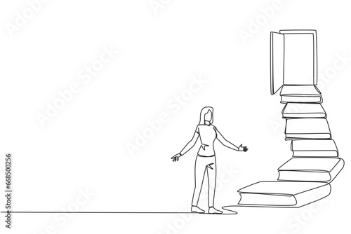 Single one line drawing woman climb the stairs from the book stack. Towards the wide open door. Metaphor of finding the answers from books. Book festival. Continuous line design graphic illustration
