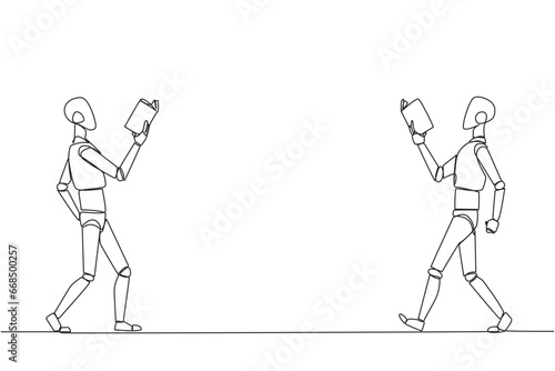Single one line drawing  two robotics walking face to face reading books. Gesture of memorizing something from a book. Addicted to reading. Book festival. Continuous line design graphic illustration