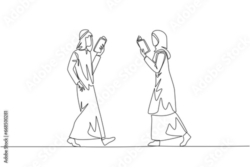 Single continuous line drawing Arab man woman walking face to face reading books. Gesture of memorizing something from a book. Addicted to reading. Book festival. One line design vector illustration