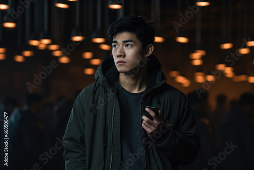 Man is standing in dark room, holding cell phone. This image can be used to depict technology, communication, or solitude.
