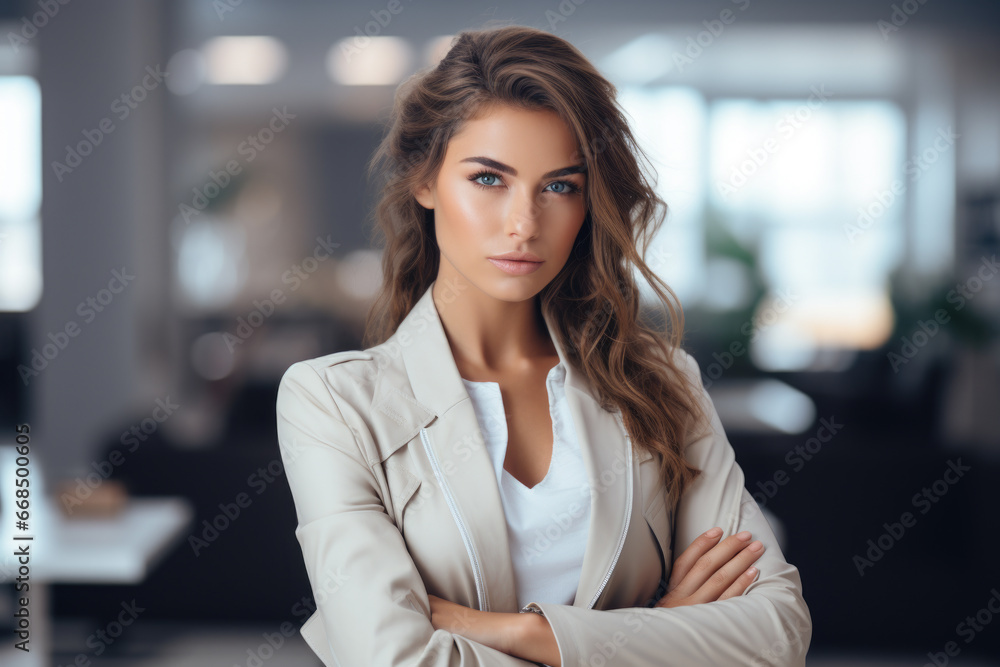 Professional woman in business suit standing confidently with her arms crossed. This image can be used to convey power, confidence, professionalism, and leadership. Professional woman in business suit standing confidently with her arms crossed. This image can be used to convey power, confidence, professionalism, and leadership.