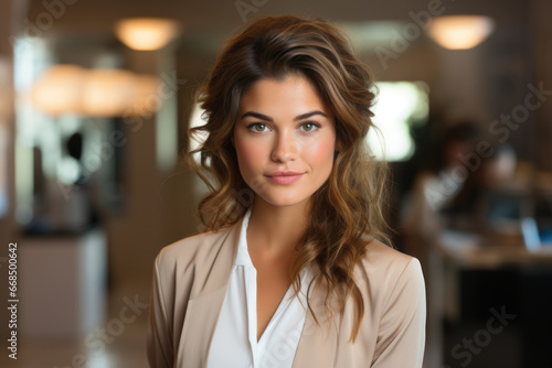 Beautiful young woman standing in professional office setting. This image can be used to represent confident and successful professional in workplace.