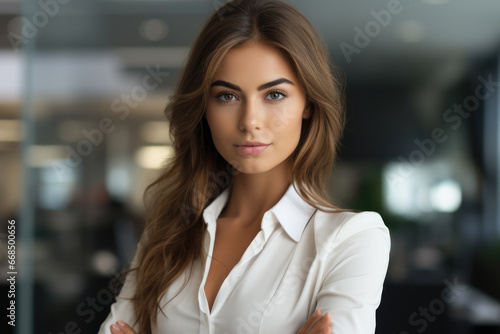 Woman in white shirt striking pose for photograph. This image can be used for various purposes, such as fashion, lifestyle, or professional photography.