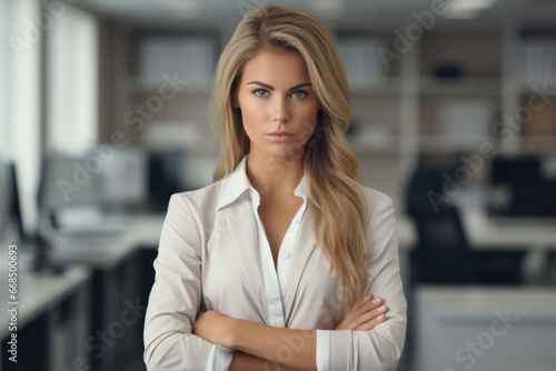 Free Download Professional woman confidently stands in office with her arms crossed. Professionalism, confidence, and leadership in various business and corporate settings. - GFXLoad