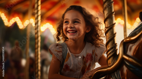 realistic photo of a young girl with her arms raised in delight while riding a beautifully decorated carousel.  © J.V.G. Ransika