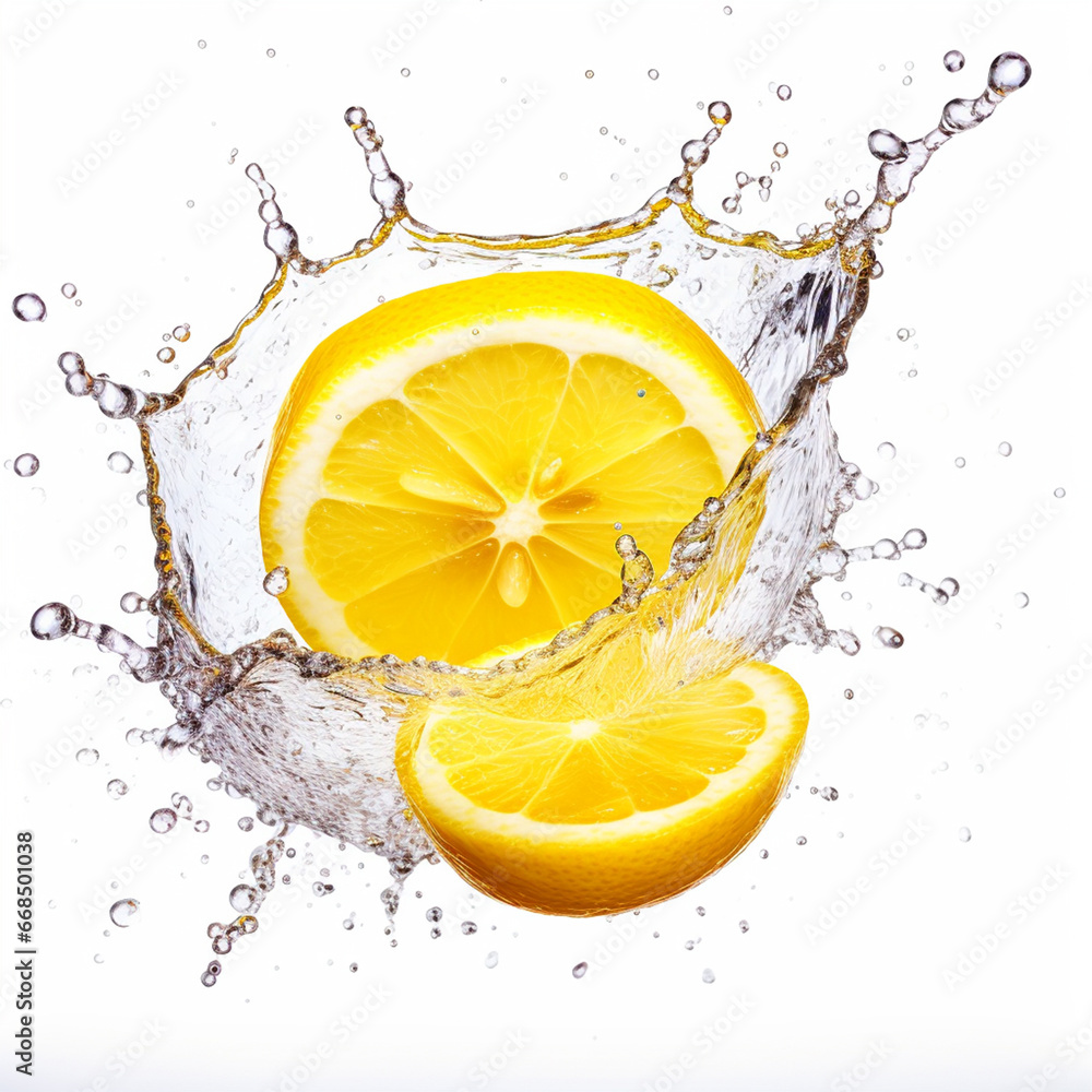Lemon slice with water splash on isolated white background - ai generative Lemon slice with water splash on isolated white background - ai generative