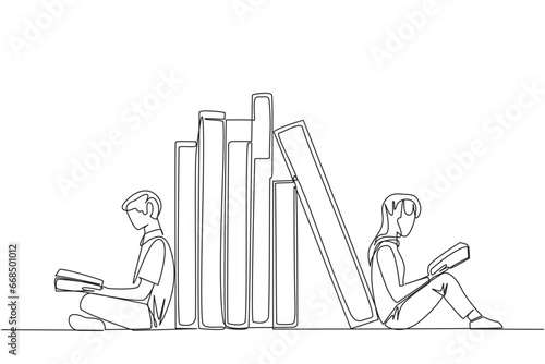 Single continuous line drawing man woman reading sitting leaning against a pile of books. Habit of reading books every day. Library. Good habit. Book festival concept. One line vector illustration