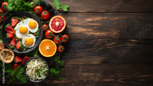 Delicious breakfast on a rustic table. Top view copy