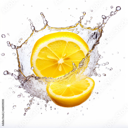 Lemon slice with water splash on isolated white background - ai generative