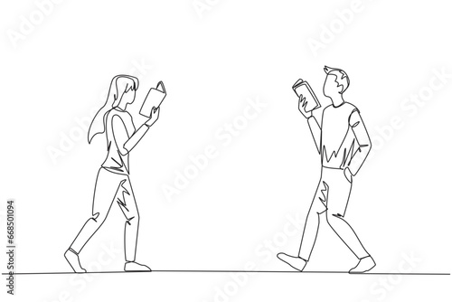 Single continuous line drawing man and woman walking face to face reading books. Gesture of memorizing something from a book. Addicted to reading. Book festival. One line design vector illustration