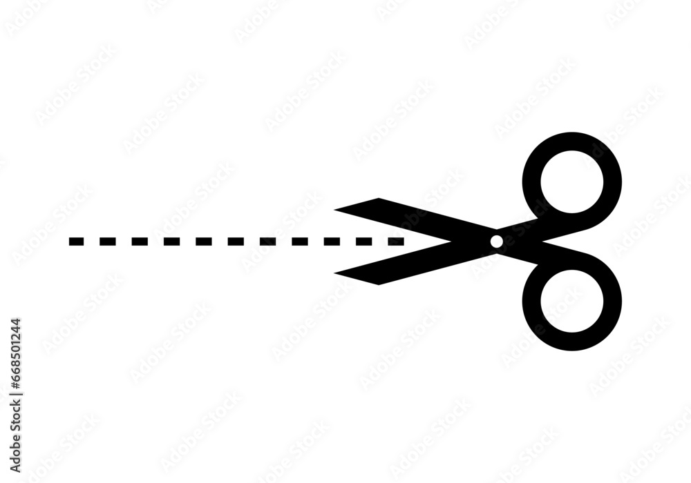 Black scissors dash line icon flat vector design - obrazy, fototapety, plakaty 