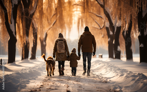 Parents with child and a dog walking in winter park