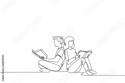 Continuous one line drawing man woman sitting while reading the book. Reading the books to learn. The fast learner. Book festival concept. Happy reading. Single line draw design vector illustration