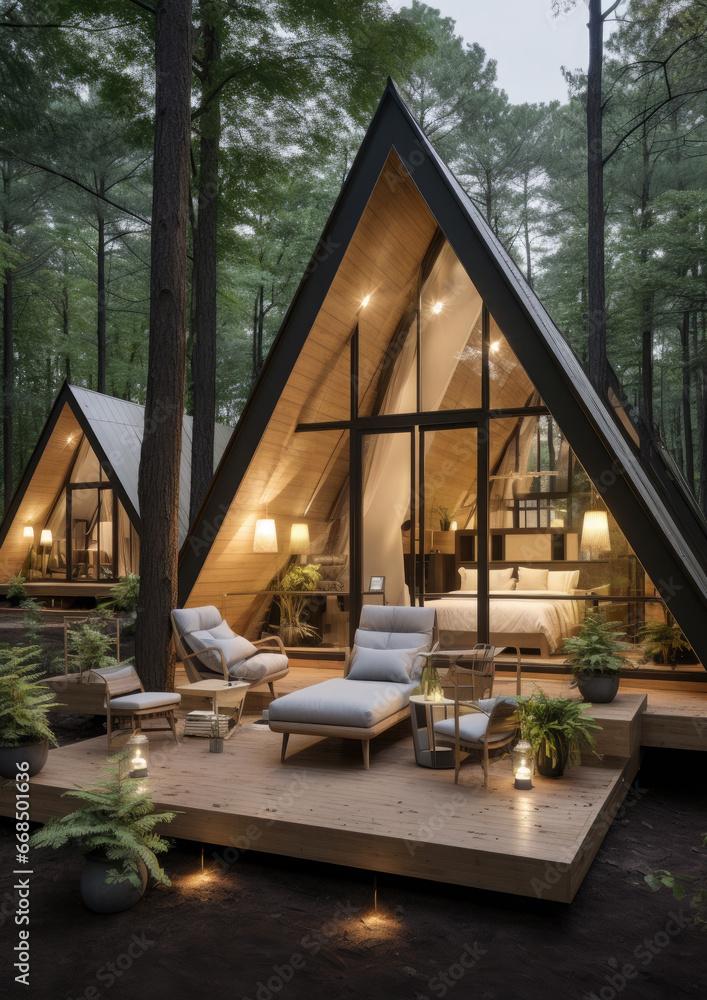 Fototapeta premium a-frame house in nature, glamping, hotel, recreation center, modern architecture, stylish building, guest house, villa, triangular, pyramidal, glass, garden, wood