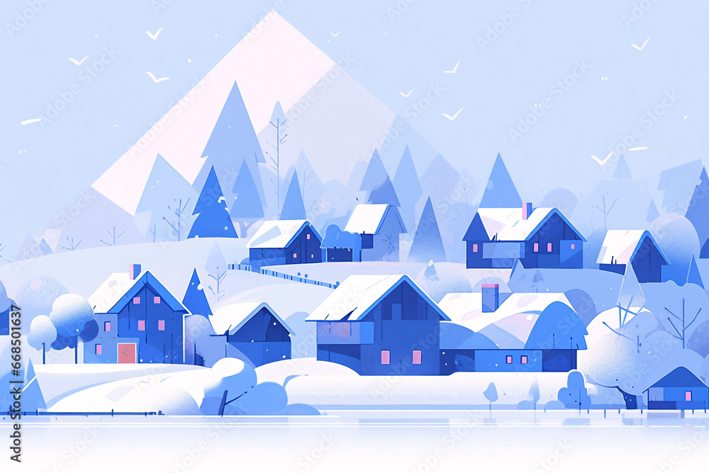 Beginning of winter solar term concept illustration, winter village snowy scene illustration poster