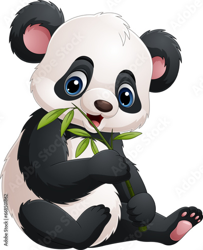 Cartoon funny panda eating bamboo leaves