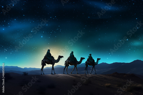 Silhouette of Three wise men riding a camel along the star path. To meet Jesus at first birth. © sakepaint