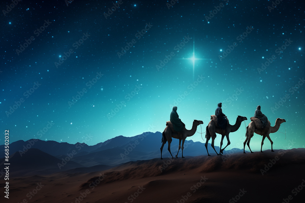 Silhouette of Three wise men riding a camel along the star path. To meet Jesus at first birth. Silhouette of Three wise men riding a camel along the star path. To meet Jesus at first birth.