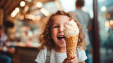 Child eating an ice cream cone. Generative AI,