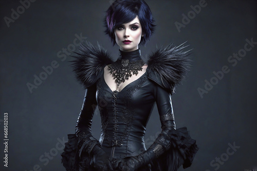 Portrait of a woman in a black leather dress decorated with lace and feathers. Gothcore trend concept