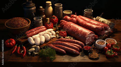 Different types of ingredients and sausages