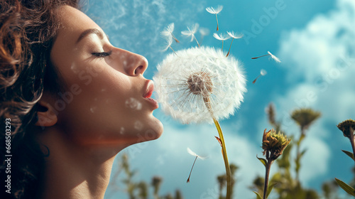 Woman blowing a dandelion. Generative AI, photo