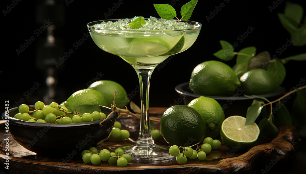 Fresh lime slice in a glass, nature refreshing cocktail generated by AI Fresh lime slice in a glass, nature refreshing cocktail generated by AI