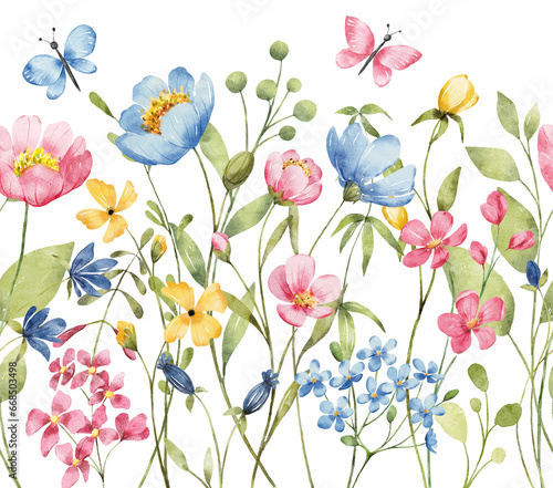 Seamless watercolor border with blue and pink flowers, leaves, butterflies. Fast isolation. Perfectly for greeting card, wedding, party invitation, commercial design.