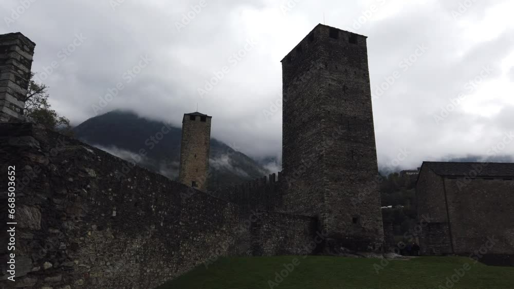 Panoramic of Castles of Bellinzona Ancient Swiss Alps Fort of Stone Walls Travel Destination in Ticino Canton Panoramic of Castles of Bellinzona Ancient Swiss Alps Fort of Stone Walls Travel Destination in Ticino Canton