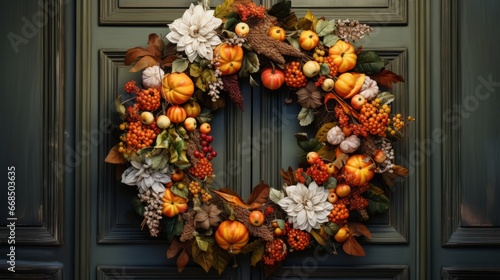 Charming Thanksgiving Wreath Decoration Adorning a Welcoming Home Door