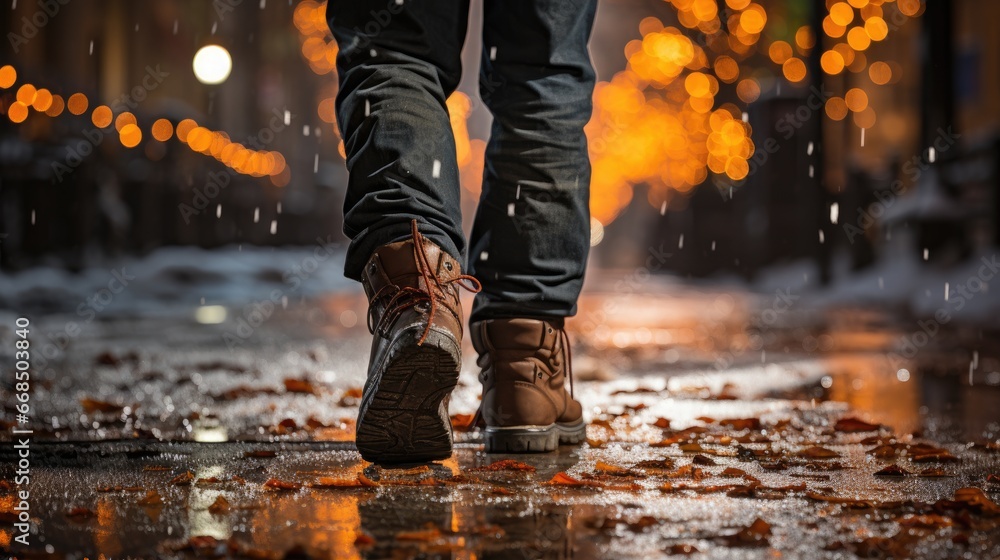 Close up boot Man walking in night Close up boot Man walking in night