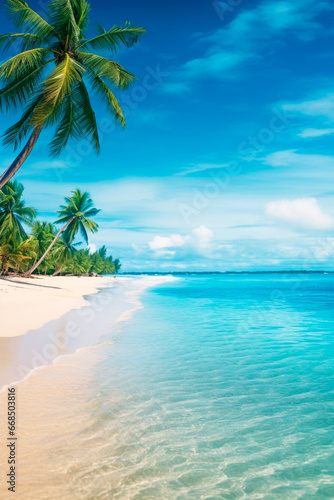 Beautiful beach ocean and palm trees. Generative AI, © Яна Ерік Татевосян