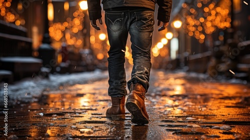 Close up boot Man walking in night