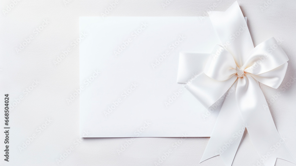 Blank white sheet of paper with a silk ribbon gift bow. Generative AI, Blank white sheet of paper with a silk ribbon gift bow. Generative AI,