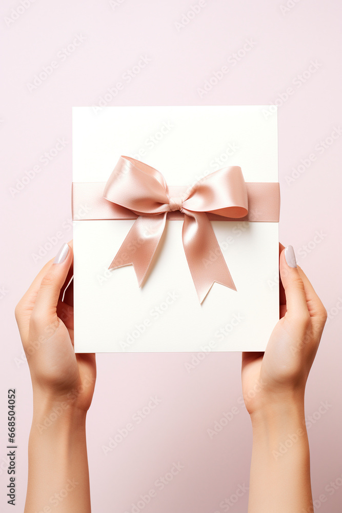 Blank white sheet of paper with a silk ribbon gift bow held in female hands. Generative AI, Blank white sheet of paper with a silk ribbon gift bow held in female hands. Generative AI,