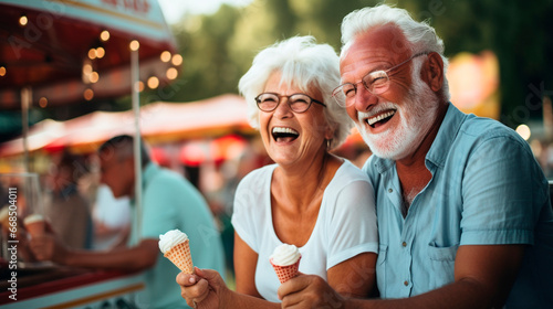 happy gray-haired elderly retired couple laughs, smiles in an amusement park during a festival. Generative AI,