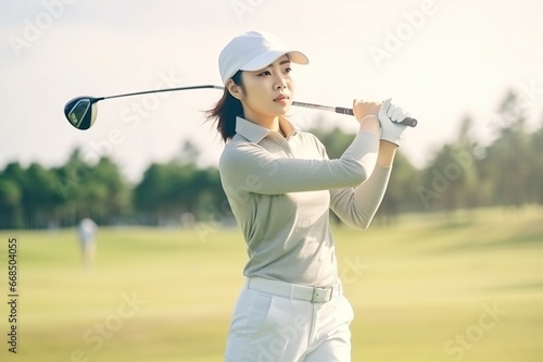 Professional female golfer holding golf club on field and looking away. Sports and golf concept. Generative AI