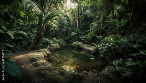Tranquil scene tropical rainforest  green trees  flowing water generated by AI