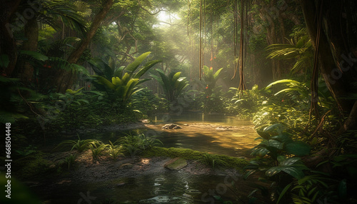 Tranquil rainforest landscape  lush green trees  animals in nature generated by AI