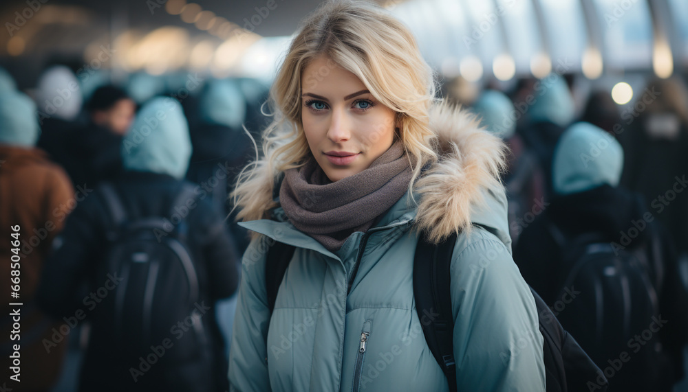 Young adults walking in the snow, smiling, wearing warm clothing generated by AI Young adults walking in the snow, smiling, wearing warm clothing generated by AI