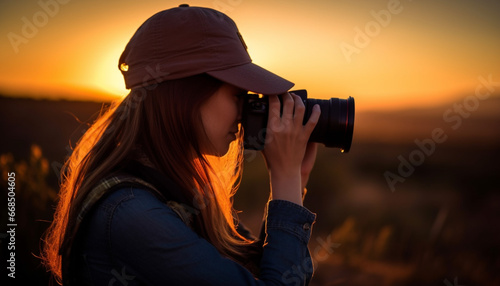 Young woman photographing sunset, capturing beauty in nature generated by AI © Stockgiu